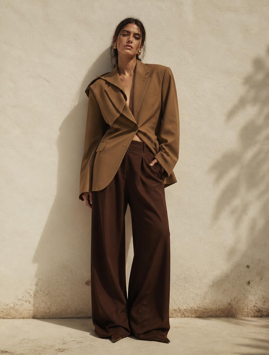Woman in a deconstructed camel blazer and chocolate trousers